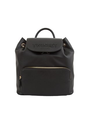TWIN-SET Zaino nero Twinset nappa liscia e logo su patta in DONNA