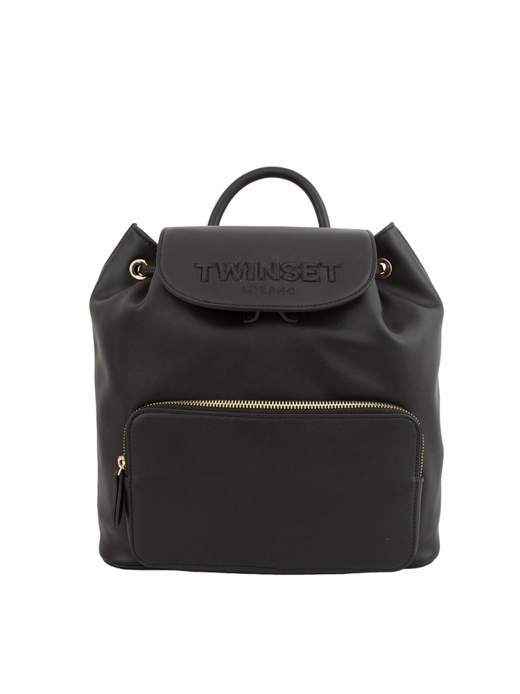 TWIN-SET Zaino nero Twinset nappa liscia e logo su patta