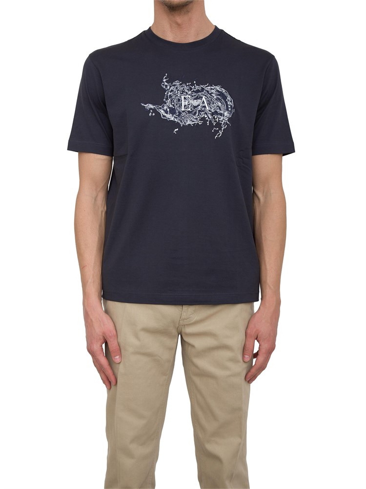 T-shirt Emporio Armani blu in jersey con ricamo logo e onde infrante