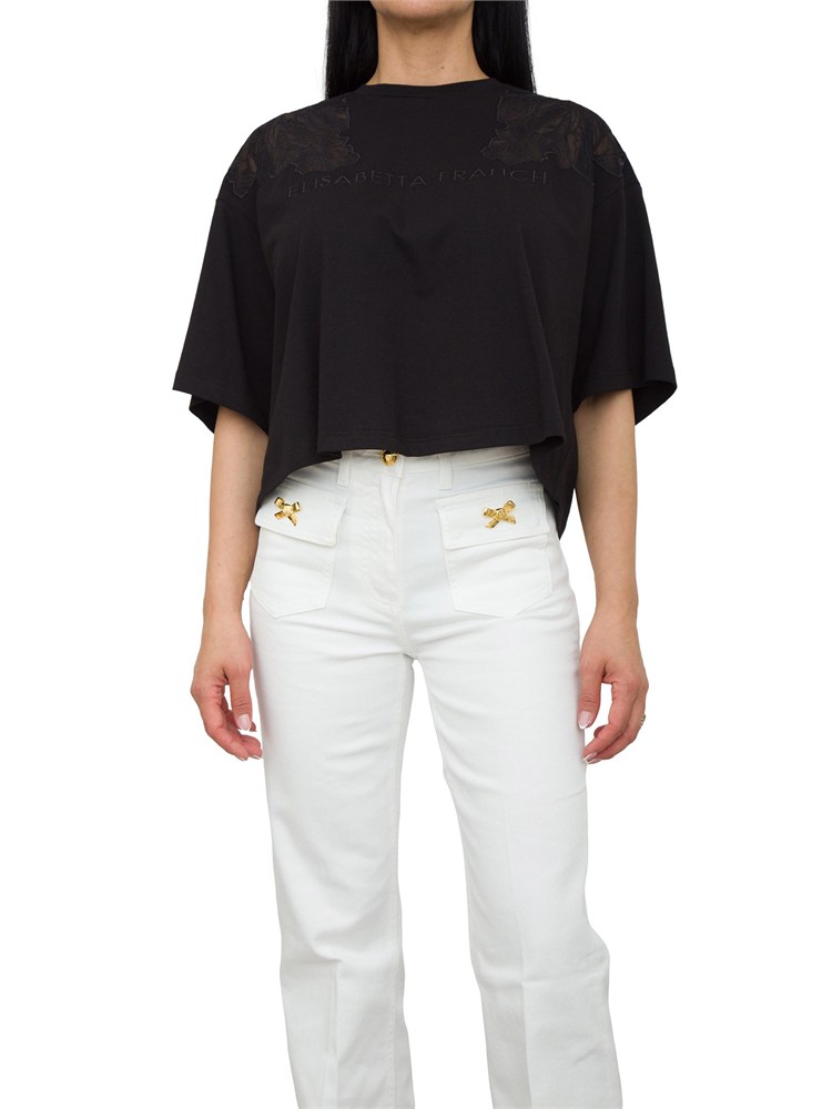 T-shirt nera con ricamo fiore tono su tono Elisabetta Franchi