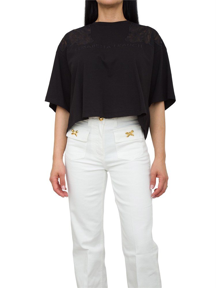 T-shirt nera con ricamo fiore tono su tono Elisabetta Franchi