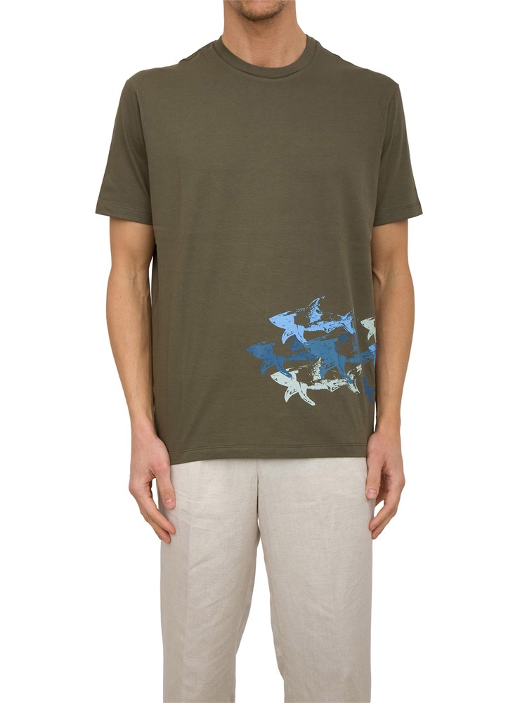 T-shirt Paul&Shark verde con stampa Sharks effetto distressed