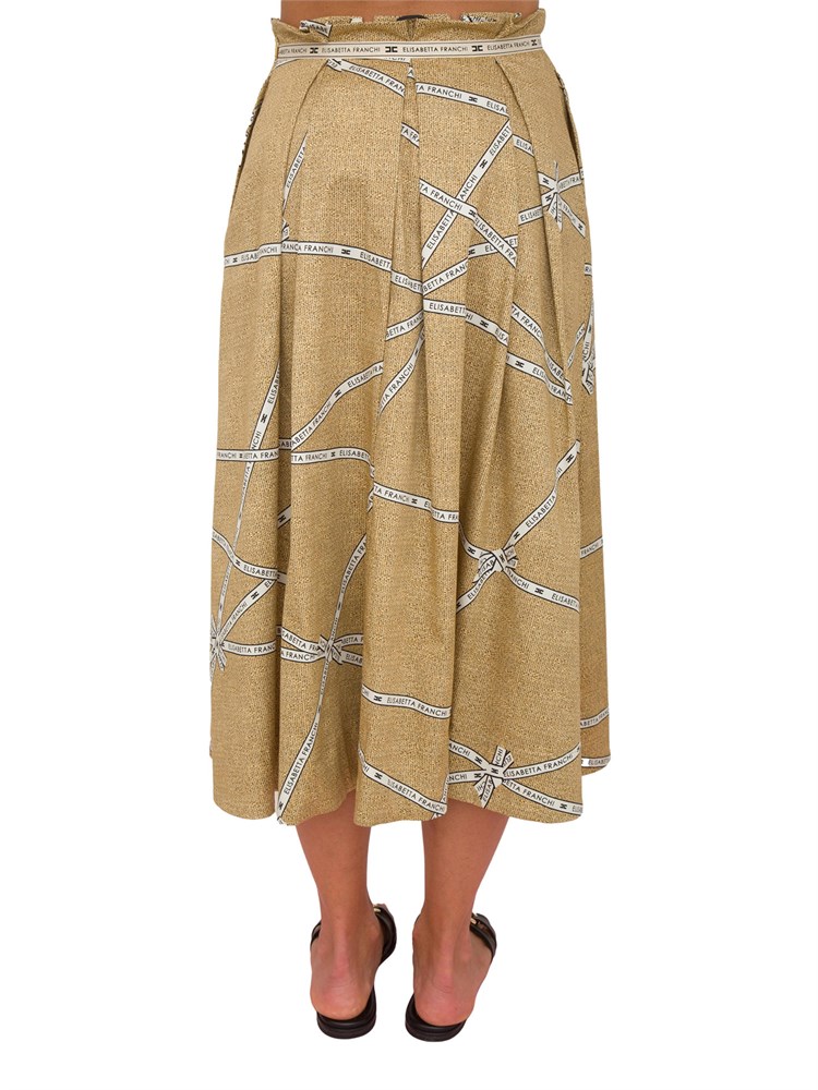 Gonna Elisabetta Franchi in cotone beige con stampa rafia e nastro