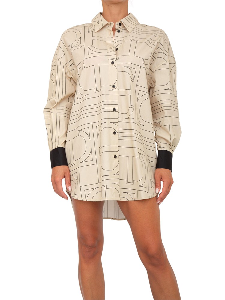 TWIN-SET Abito camicia Twinset in pregiato cotone beige con stampa logo all over