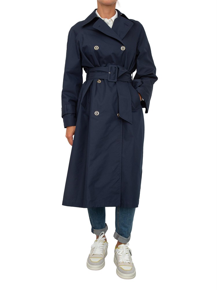 TWIN-SET Trench doppiopetto Twinset in twill di misto cotone blu