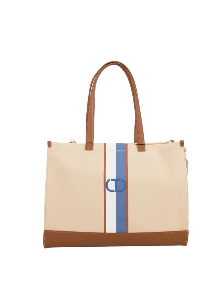 TWIN-SET Borsa shopper Twinset in canvas con Oval T beige