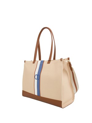 TWIN-SET Borsa shopper Twinset in canvas con Oval T beige in DONNA