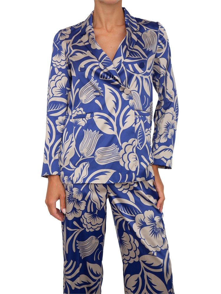 Giacca donna doppiopetto Emme Marella in raso stretch con stampa floreale blu