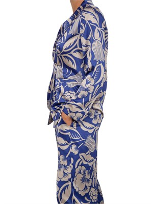 Giacca donna doppiopetto Emme Marella in raso stretch con stampa floreale blu in DONNA