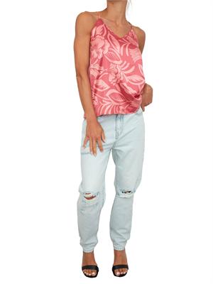 Top canotta Emme Marella in raso rosa con stampa foliage all over in DONNA