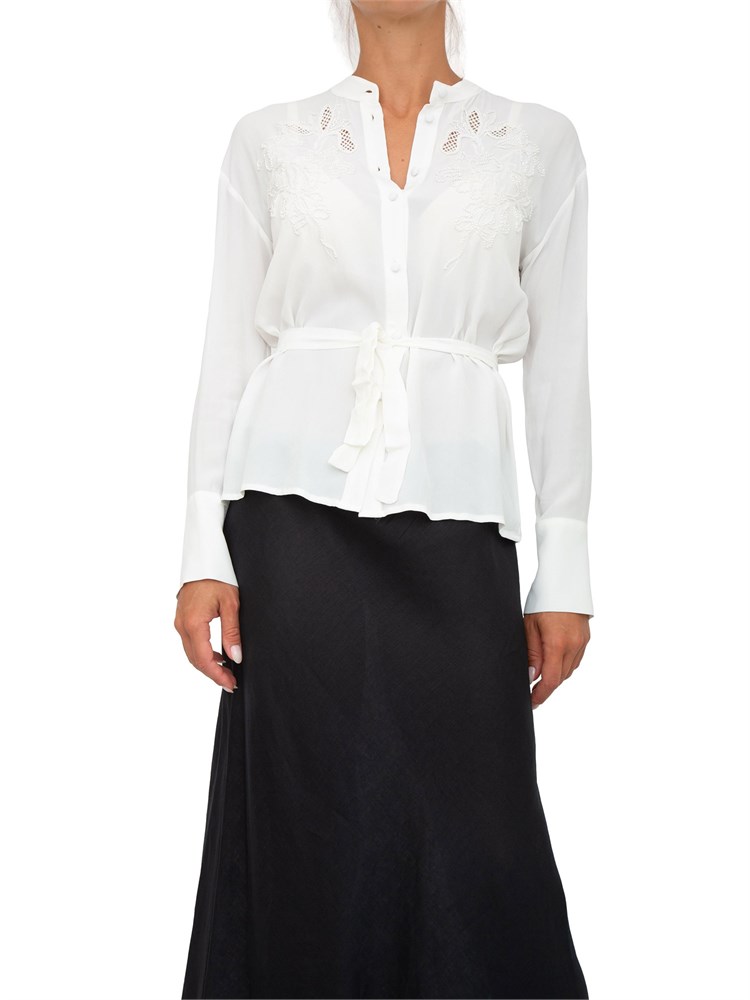 TWIN-SET Camicia bianca manica lunga Twinset con ricami, perline e intarsi in rete