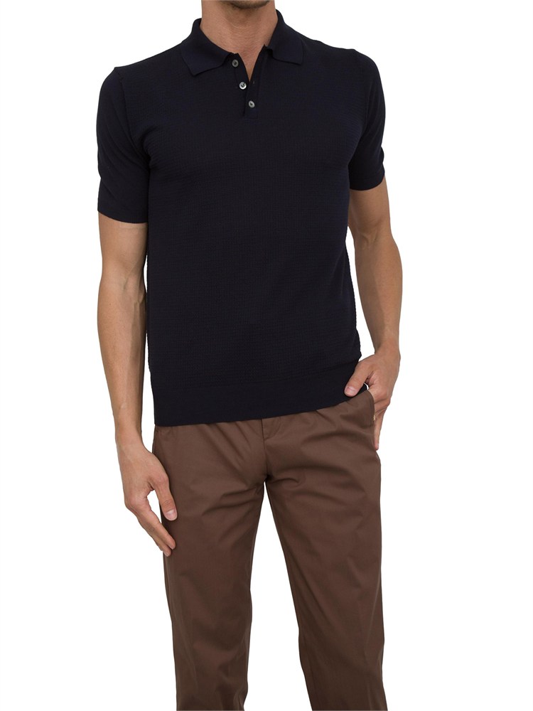 Polo maglia uomo Aiace Galassi in cotone blu con trama lavorata davanti