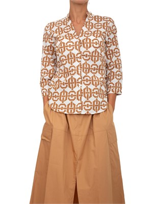 EMME MARELLA Camicia Marella collo coreana e stampa geometrica cammello all over in DONNA