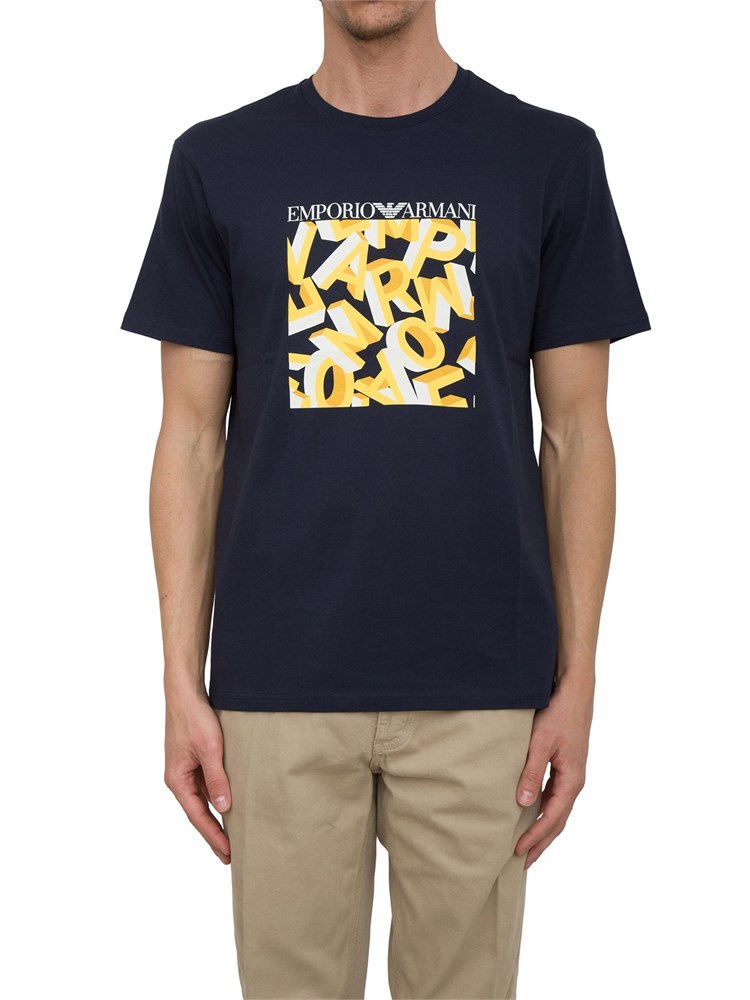 T-shirt blu Emporio Armani in cotone con stampa geometrica logo