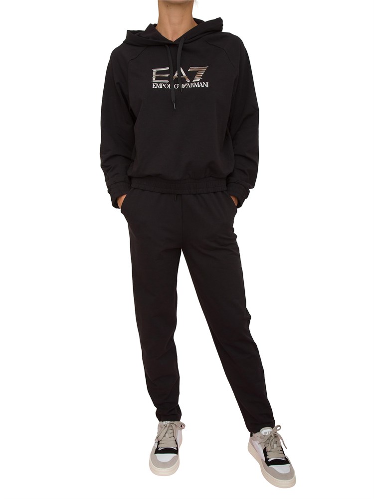 Tuta donna EA7 Emporio Armani in misto cotone e modal nero con logo metallizzato