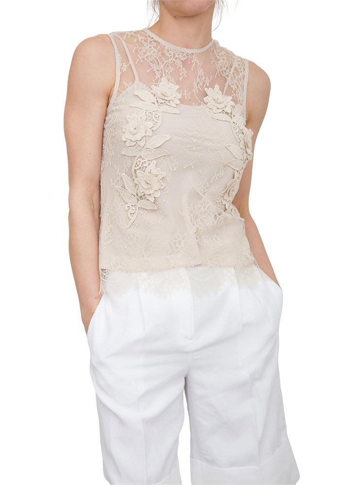 Top slim Blugirl in pizzo beige con ricamo