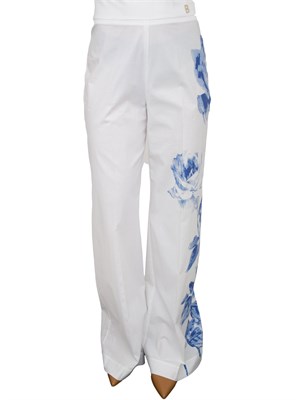 Pantaloni Blugirl in popeline bianco con stampa rose blu in DONNA