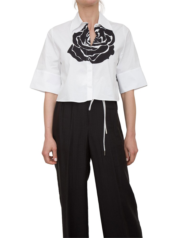 Camicia bianca boxy Blugirl con stampa rose nere in popeline