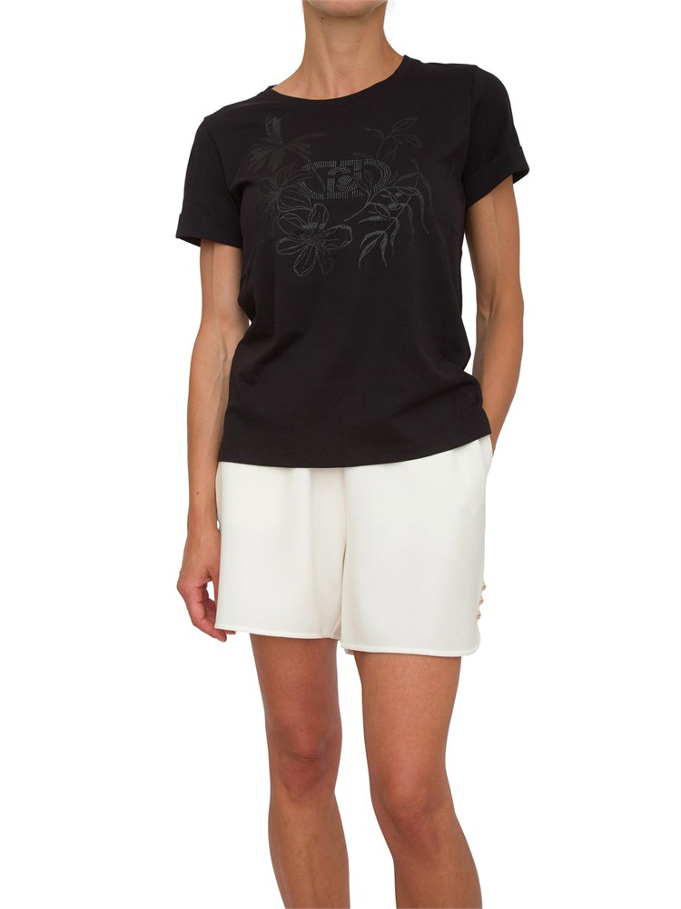 T-shirt Liu Jo donna in cotone nero con logo strass a cascata su bordo