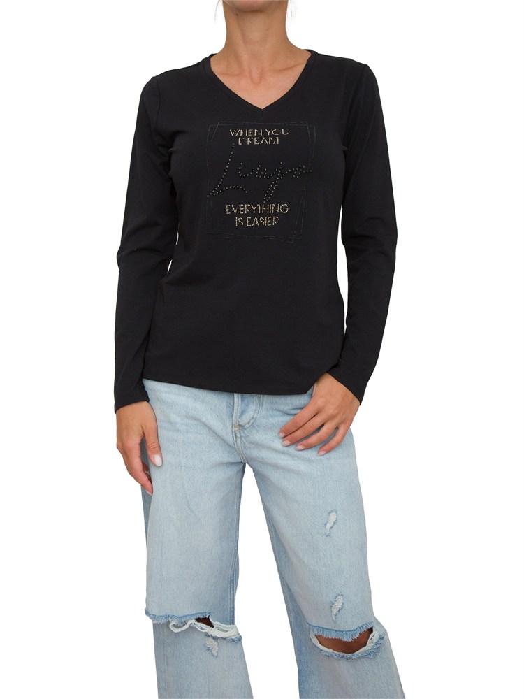T-shirt nera manica lunga Liu Jo donna con scollo V e logo lettering strass