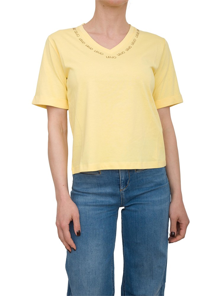 T-shirt gialla Liu Jo scollo a V con logo e strass