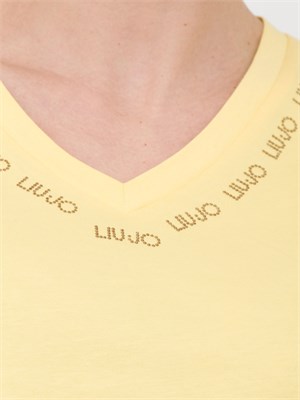 T-shirt gialla Liu Jo scollo a V con logo e strass in DONNA