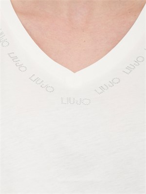 T-shirt bianca Liu Jo scollo a V con logo e strass in DONNA