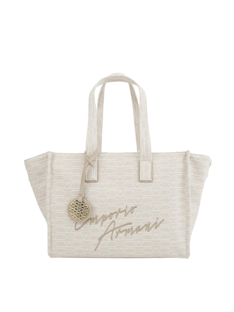 Shopper media Emporio Armani in canvas jacquard monogram all over bianco panna