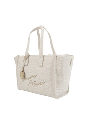 Shopper media Emporio Armani in canvas jacquard monogram all over bianco panna in DONNA