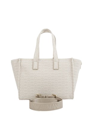 Shopper media Emporio Armani in canvas jacquard monogram all over bianco panna in DONNA
