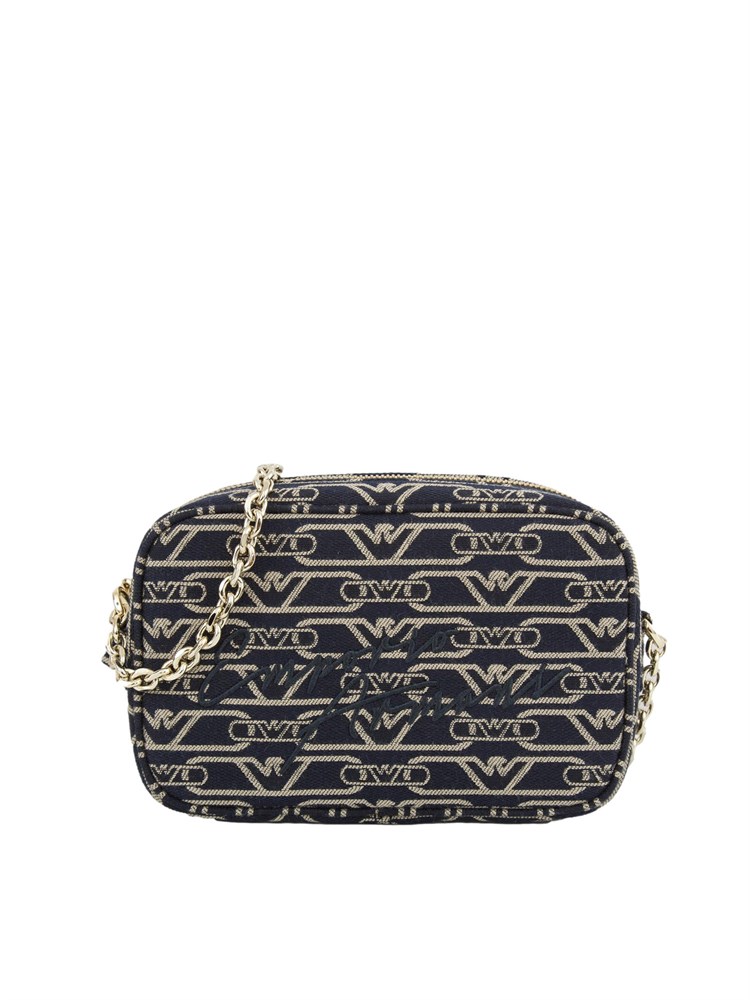 Camera case Emporio Armani in canvas jacquard blu monogram all over e tracolla a catena