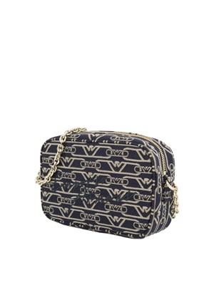 Camera case Emporio Armani in canvas jacquard blu monogram all over e tracolla a catena in DONNA