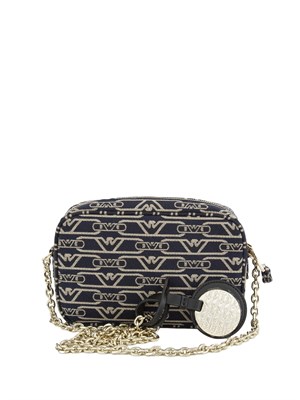 Camera case Emporio Armani in canvas jacquard blu monogram all over e tracolla a catena in DONNA
