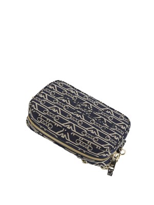 Camera case Emporio Armani in canvas jacquard blu monogram all over e tracolla a catena in DONNA