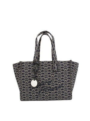 Shopper media Emporio Armani in canvas jacquard monogram all over blu in DONNA