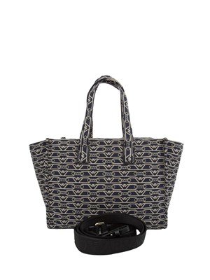Shopper media Emporio Armani in canvas jacquard monogram all over blu in DONNA