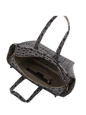Shopper media Emporio Armani in canvas jacquard monogram all over blu in DONNA