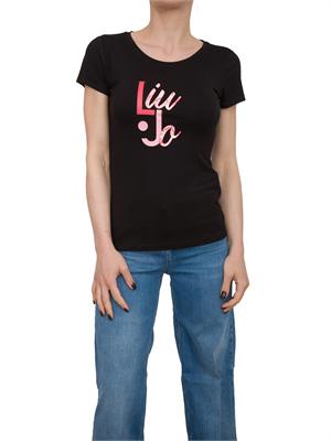 T-shirt nera Liu Jo con logo e strass in DONNA