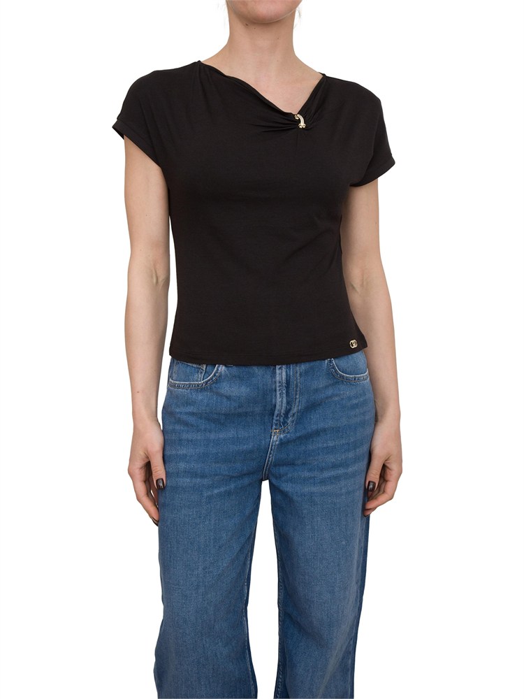 T-shirt nera Liu Jo in jersey di cotone con gioiello