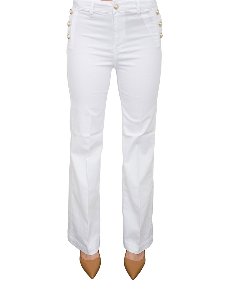 Pantaloni blu Liu Jo modello bottom up flare con bottoni gioiello