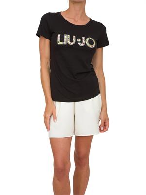 T-shirt nera Liu Jo donna con logo motivo floreale e contorno strass in DONNA