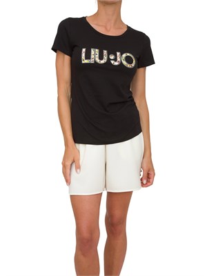 T-shirt nera Liu Jo donna con logo motivo floreale e contorno strass in DONNA