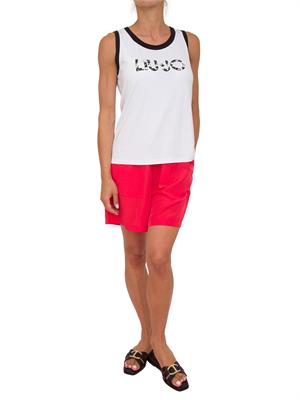 Top bianco a costine Liu Jo donna con logo con perle applicate e bordi a contrasto in DONNA