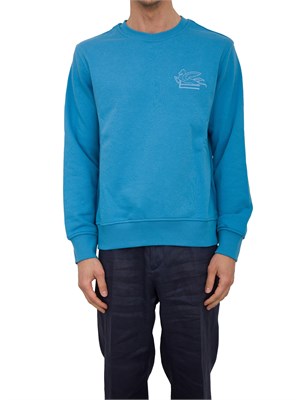 Felpa azzurra Etro in cotone con ricamo Pegaso tono su tono in UOMO