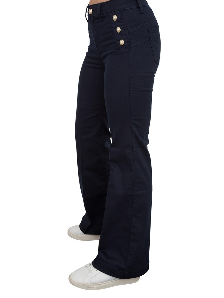 Pantaloni blu Liu Jo modello bottom up flare con bottoni gioiello