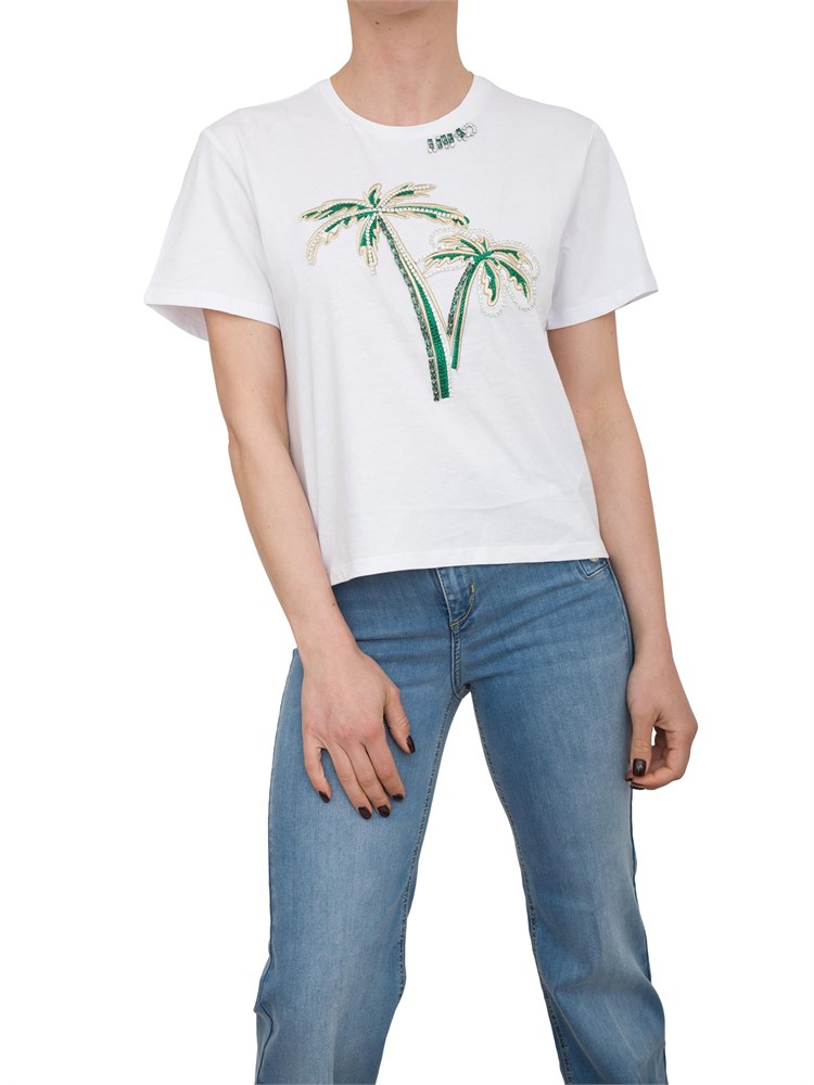 T-shirt bianca in cotone Liu Jo con palme con castoni gioiello