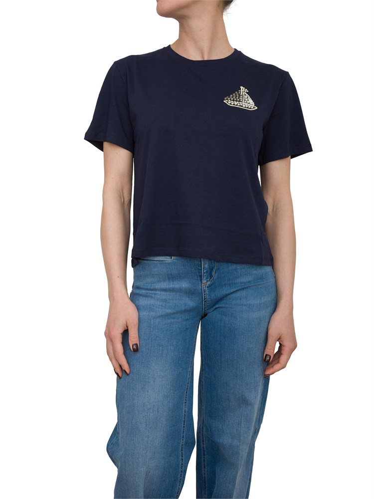 T-shirt in cotone blu Liu Jo barchetta con ricamo e strass