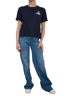 T-shirt in cotone blu Liu Jo barchetta con ricamo e strass in DONNA