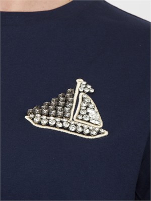 T-shirt in cotone blu Liu Jo barchetta con ricamo e strass in DONNA