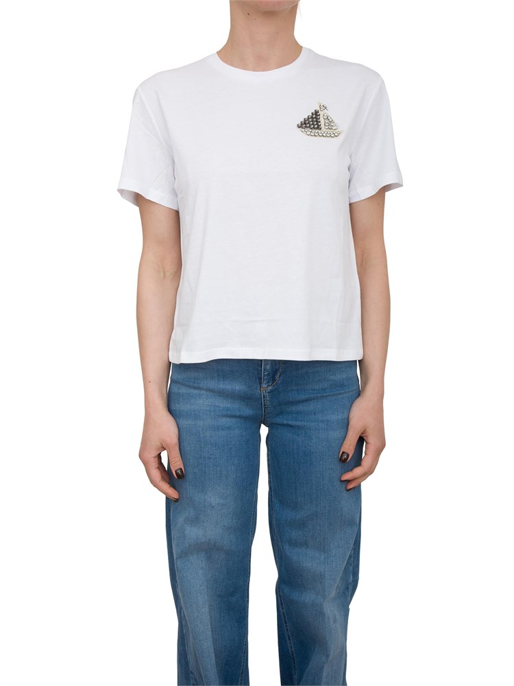 T-shirt in cotone bianco Liu Jo barchetta con ricamo e strass